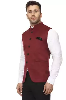 Maroon Plain Cotton Poly Nehru Jacket