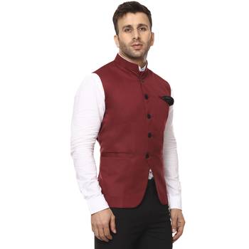 Maroon Plain Cotton Poly Nehru Jacket 3