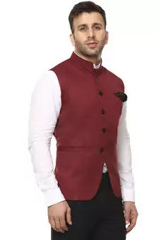 Maroon Plain Cotton Poly Nehru Jacket