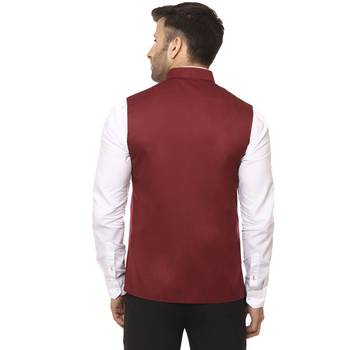 Maroon Plain Cotton Poly Nehru Jacket 4