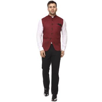 Maroon Plain Cotton Poly Nehru Jacket 5