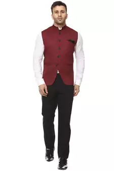 Maroon Plain Cotton Poly Nehru Jacket