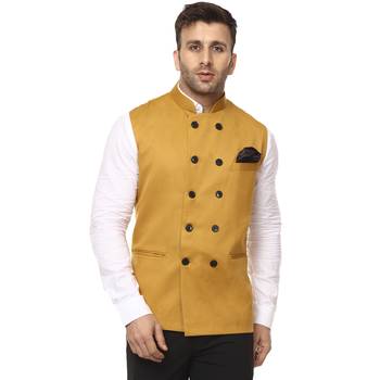 Yellow Plain Cotton Poly Nehru Jacket 1
