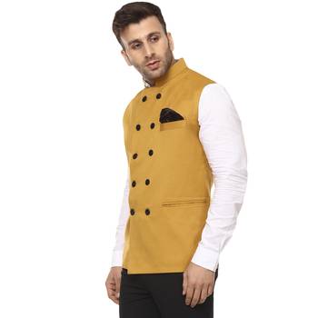 Yellow Plain Cotton Poly Nehru Jacket 2