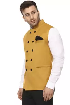 Yellow Plain Cotton Poly Nehru Jacket