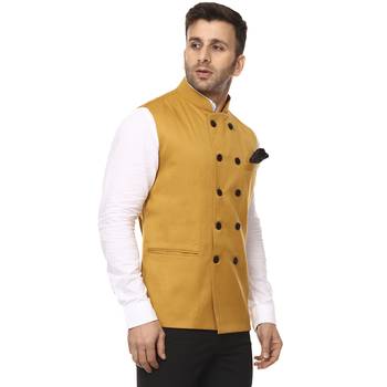 Yellow Plain Cotton Poly Nehru Jacket 3