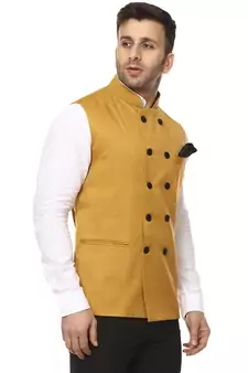 Yellow Plain Cotton Poly Nehru Jacket
