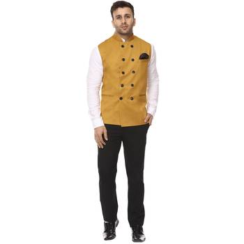 Yellow Plain Cotton Poly Nehru Jacket 5