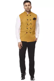 Yellow Plain Cotton Poly Nehru Jacket