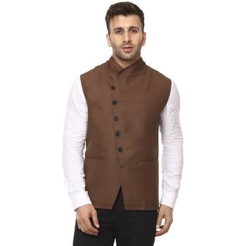 Brown Plain Cotton Poly Nehru Jacket 1