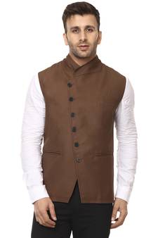 Brown Plain Cotton Poly Nehru Jacket