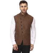 Brown Plain Cotton Poly Nehru Jacket