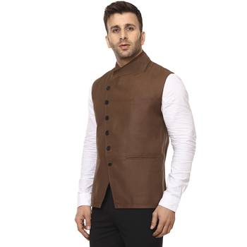 Brown Plain Cotton Poly Nehru Jacket 2