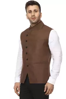 Brown Plain Cotton Poly Nehru Jacket