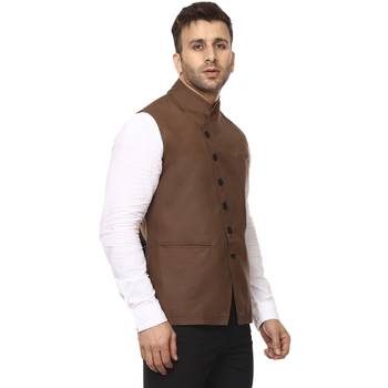Brown Plain Cotton Poly Nehru Jacket 3