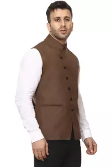 Brown Plain Cotton Poly Nehru Jacket