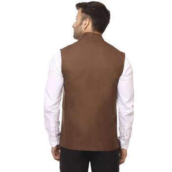 Brown Plain Cotton Poly Nehru Jacket 4