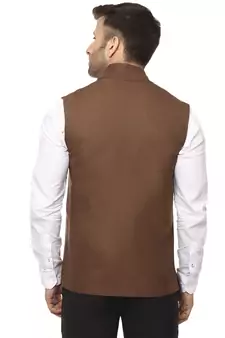 Brown Plain Cotton Poly Nehru Jacket