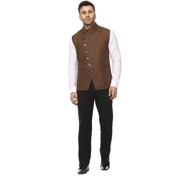 Brown Plain Cotton Poly Nehru Jacket 5