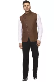 Brown Plain Cotton Poly Nehru Jacket