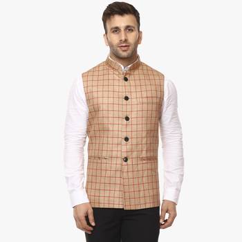 Beige Plain Jute Cotton Nehru Jacket 1