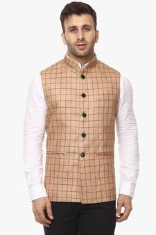Beige Plain Jute Cotton Nehru Jacket