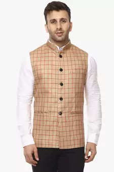 Beige Plain Jute Cotton Nehru Jacket