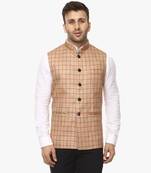 Beige Plain Jute Cotton Nehru Jacket