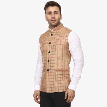 Beige Plain Jute Cotton Nehru Jacket 2