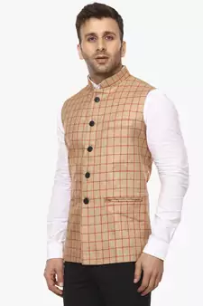 Beige Plain Jute Cotton Nehru Jacket