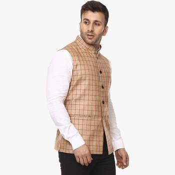Beige Plain Jute Cotton Nehru Jacket 3