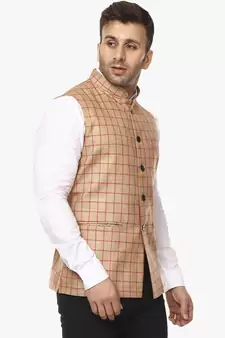 Beige Plain Jute Cotton Nehru Jacket
