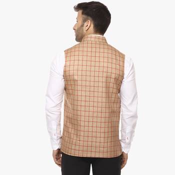 Beige Plain Jute Cotton Nehru Jacket 4