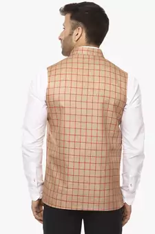 Beige Plain Jute Cotton Nehru Jacket