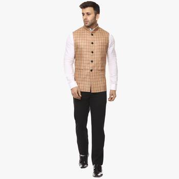 Beige Plain Jute Cotton Nehru Jacket 5