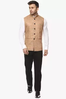 Beige Plain Jute Cotton Nehru Jacket