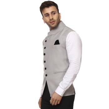 Grey Plain Cotton Poly Nehru Jacket 2