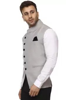 Grey Plain Cotton Poly Nehru Jacket
