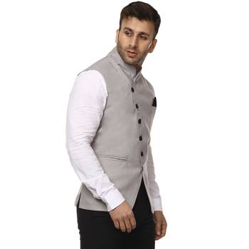 Grey Plain Cotton Poly Nehru Jacket 3