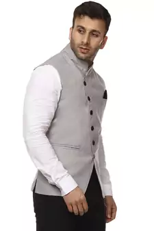 Grey Plain Cotton Poly Nehru Jacket