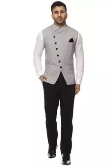 Grey Plain Cotton Poly Nehru Jacket