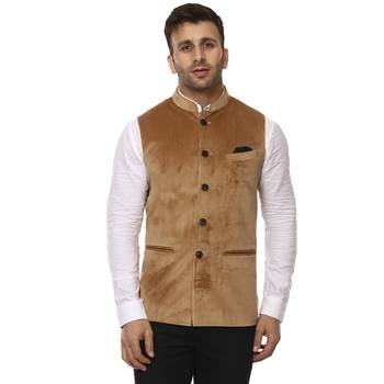 Beige Plain Velvet Nehru Jacket 1