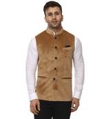 Beige Plain Velvet Nehru Jacket