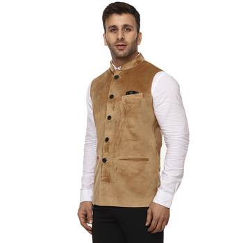 Beige Plain Velvet Nehru Jacket 2