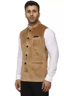 Beige Plain Velvet Nehru Jacket