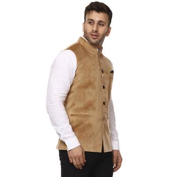 Beige Plain Velvet Nehru Jacket 3