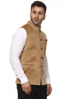 Beige Plain Velvet Nehru Jacket