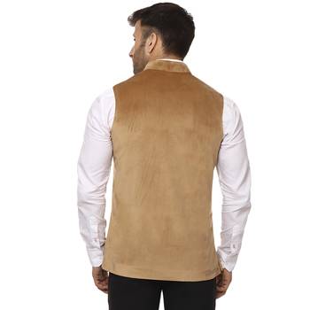 Beige Plain Velvet Nehru Jacket 4