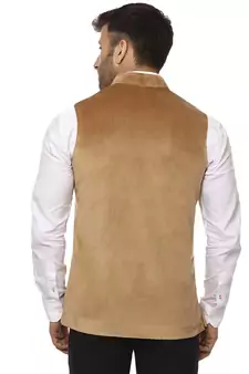 Beige Plain Velvet Nehru Jacket