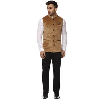 Beige Plain Velvet Nehru Jacket 5